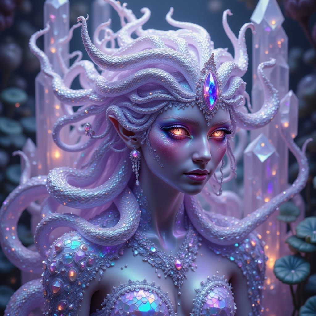 Opalized Medusa with Amethyst Eyes in Crystal Forest