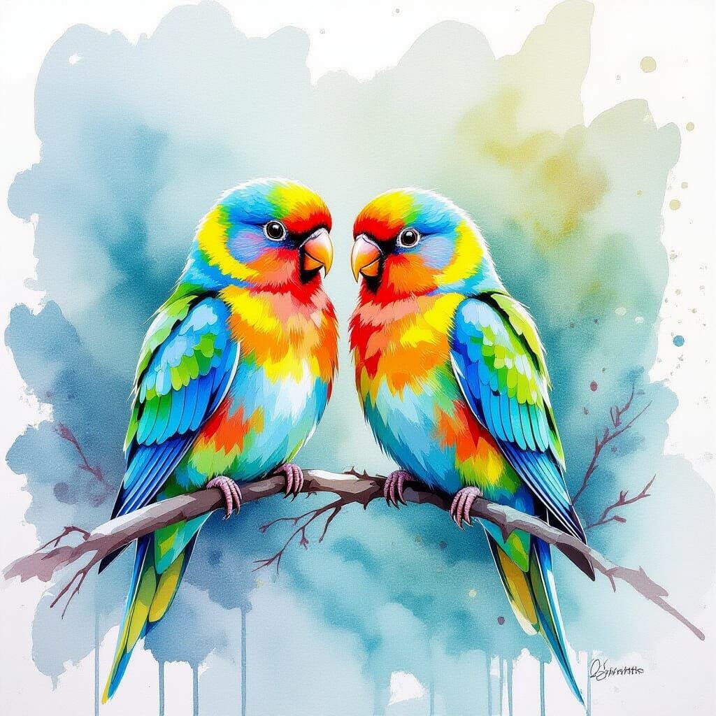 Lovebirds in Vibrant Watercolor Style
