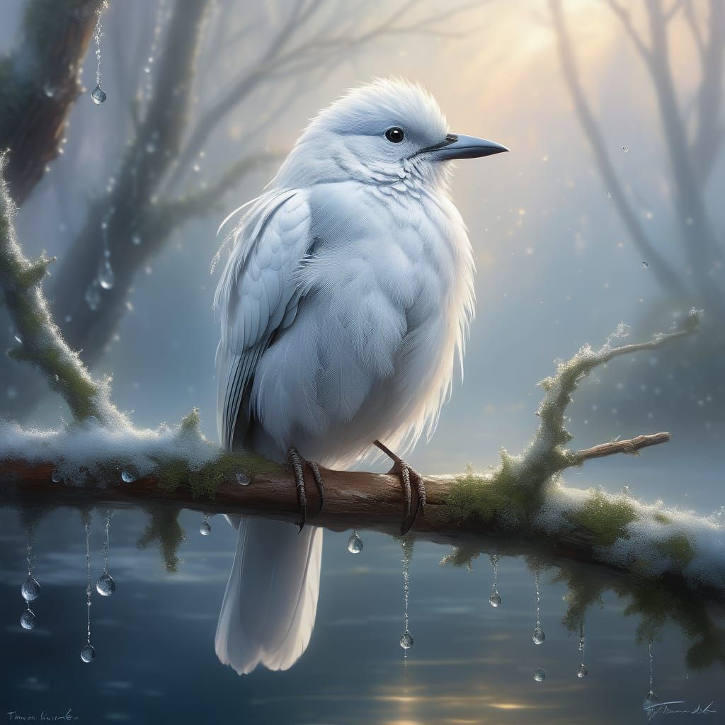 Ethereal White Bird in Whimsical Fantasy Setting