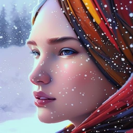Girl in Snow with Colorful Blankets: 8k Portrait