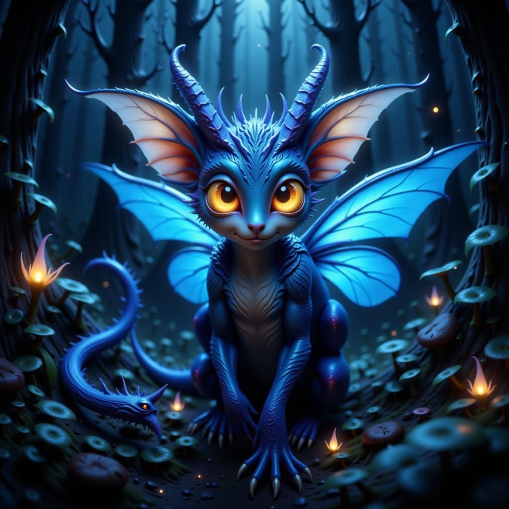 Fantastical Creature in Bioluminescent Forest Digital Painti...