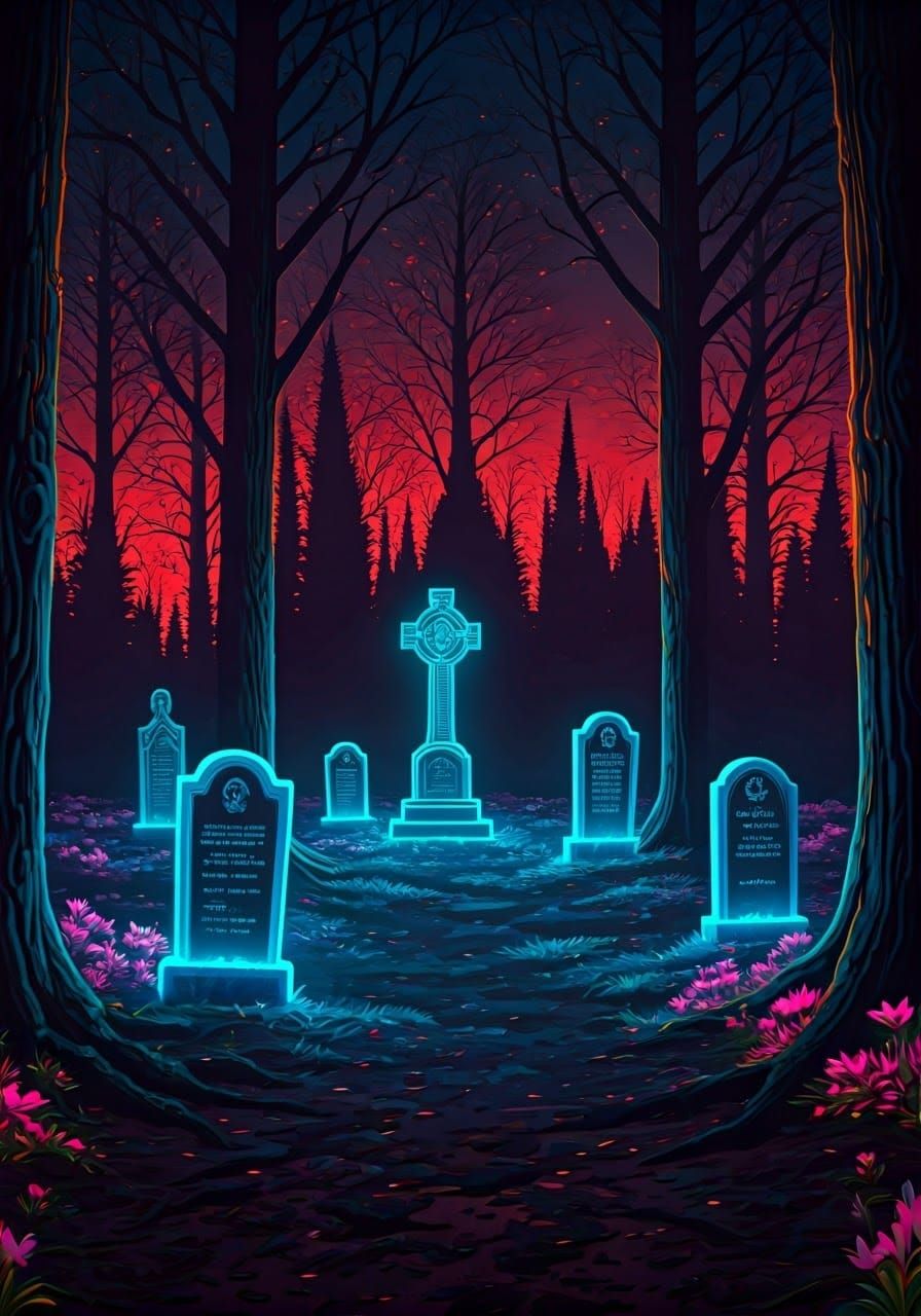 Fluorescent Graveyard with Neon Mist, in Dystopian Futurism