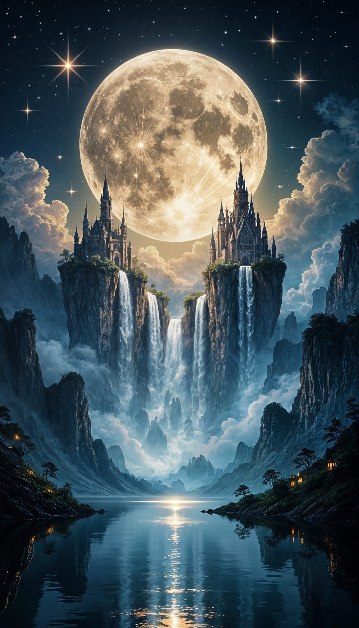 Surreal Floating Islands Cascade Under a Luminous Moon