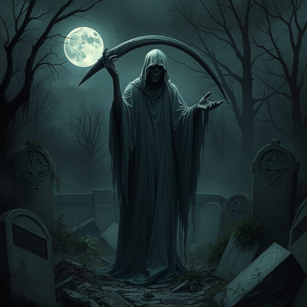 Grim Reaper Haunting in a Gothic Cemetery