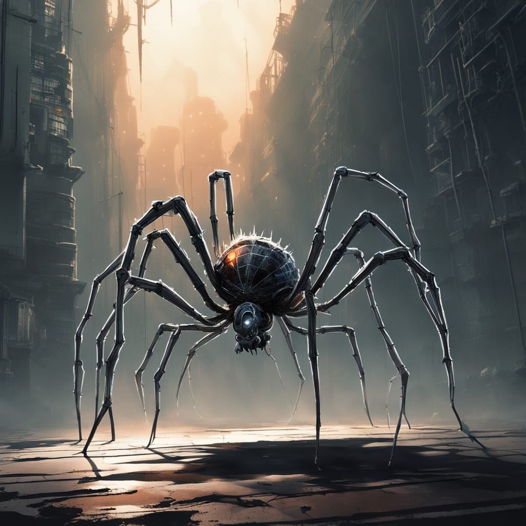 Cyberpunk Chrome Spider in Gritty, High-Contrast Scene