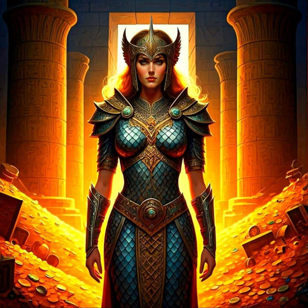 Female Warrior Discovering Lost Realms Treasure, Pulp Cover