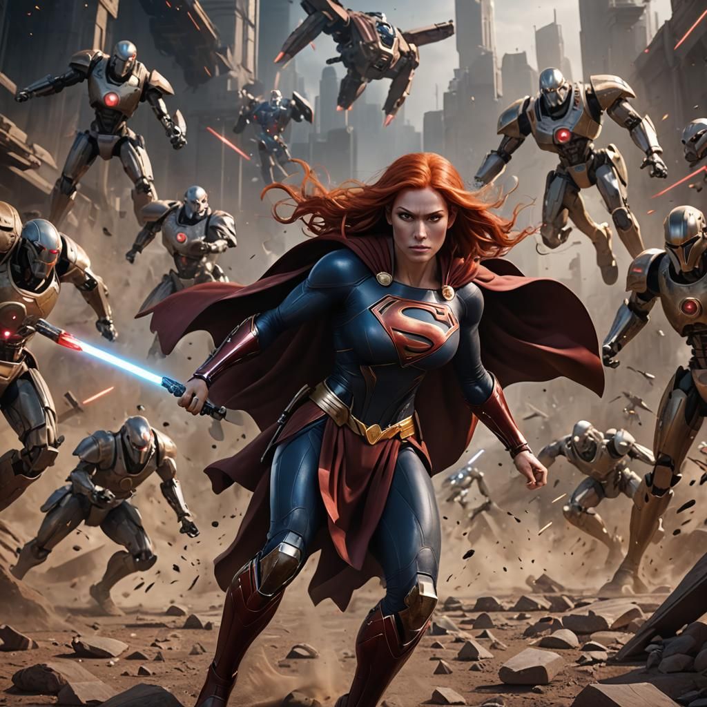 Supergirl Battles Droids: Detailed Matte Painting