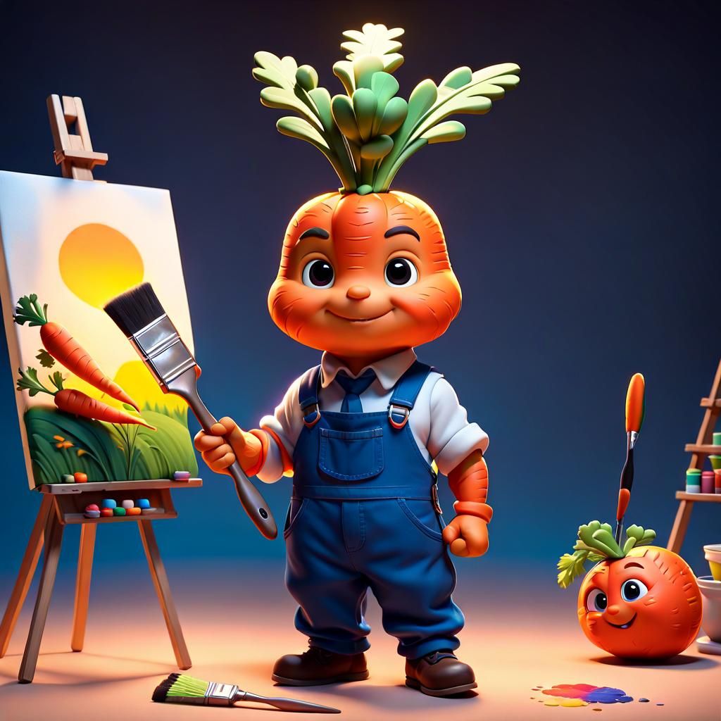 Chibi Carrot Painter in 3D Digital Art Style