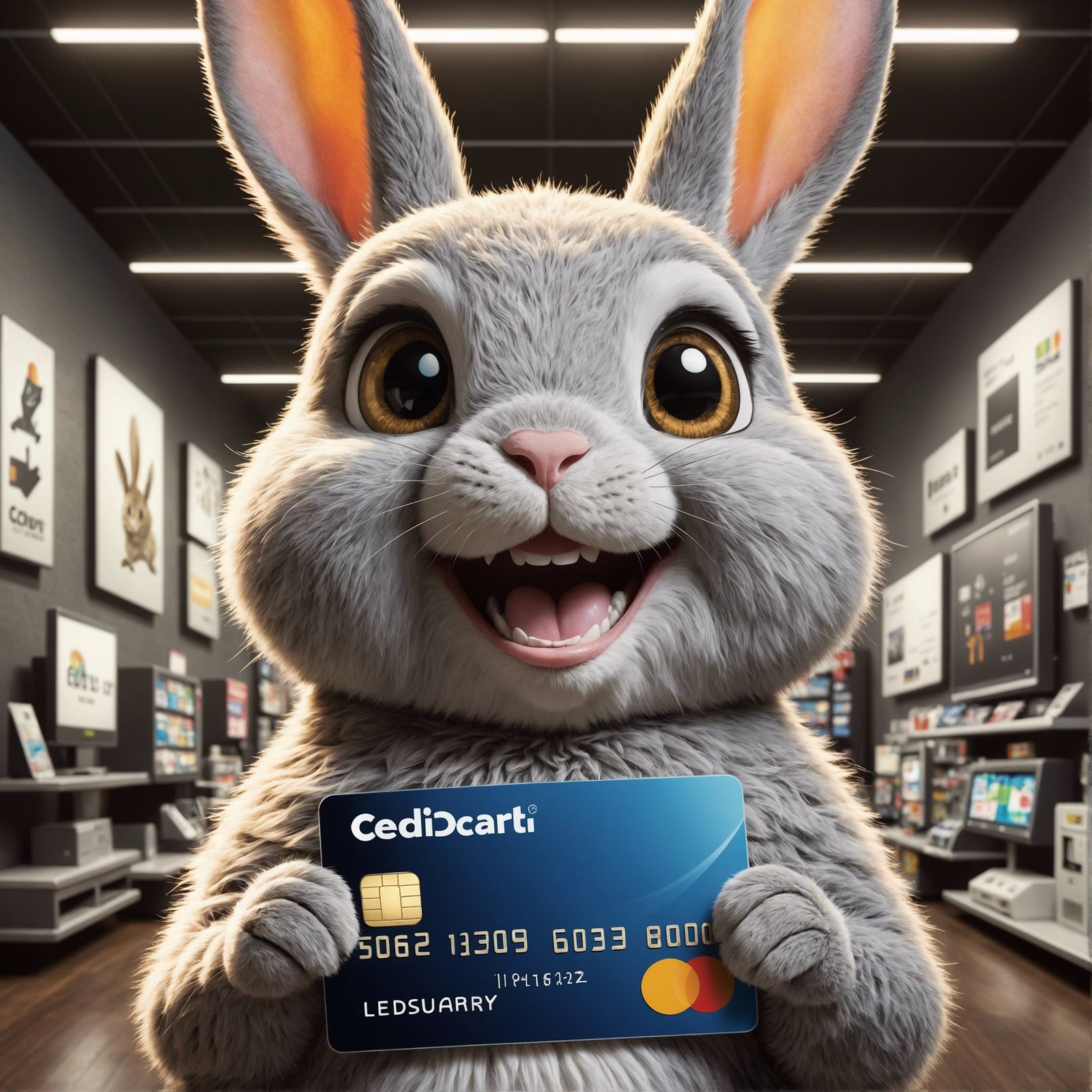 Excited 3D Rabbit with Credit Card as Oil Painting