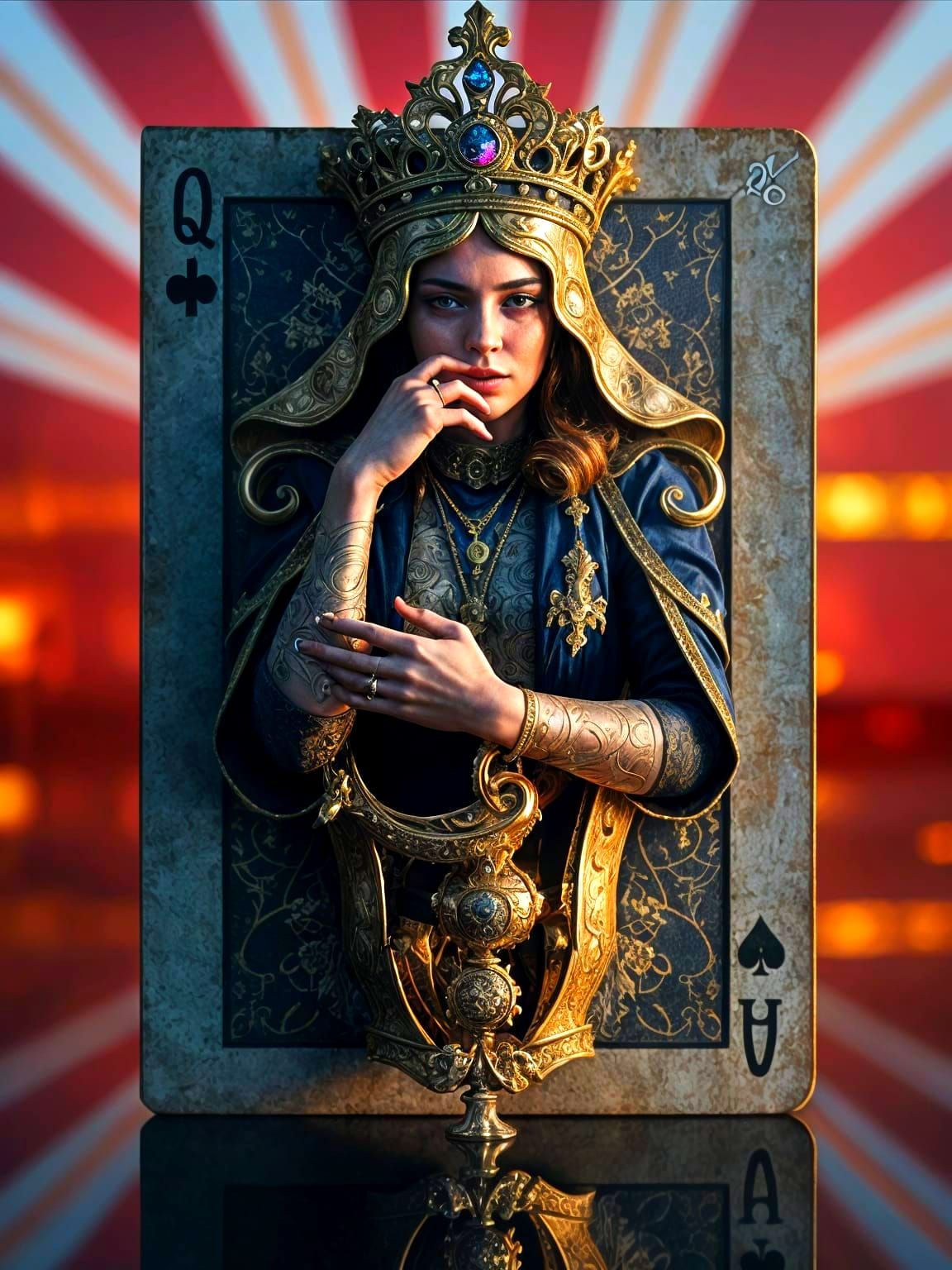 Queen of Clubs Emerges from Playing Card in Dynamic Lighting