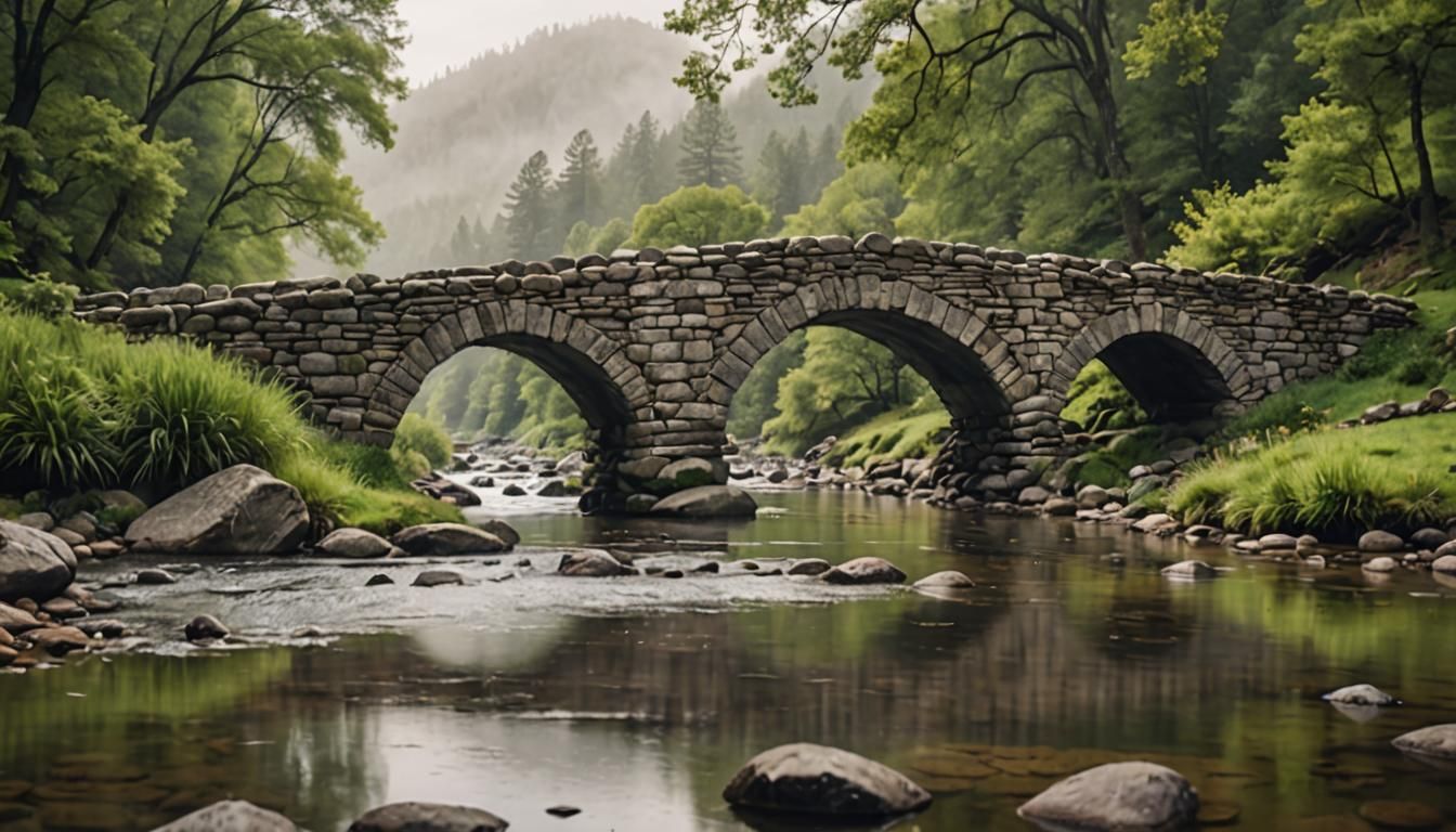 Picturesque Stone Bridge in Misty Valley Landscape