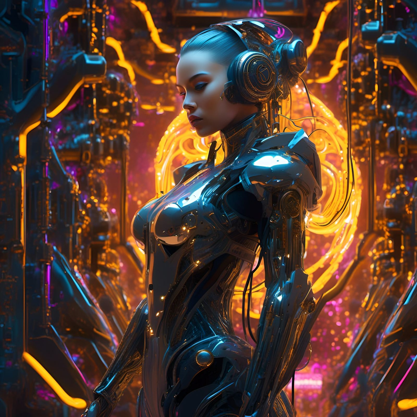 Cyberpunk Samurai in Steampunk Factory, Hyperrealistic Art