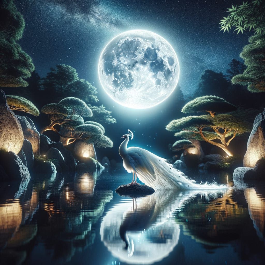 White Peacock in Moonlight Pond at Night