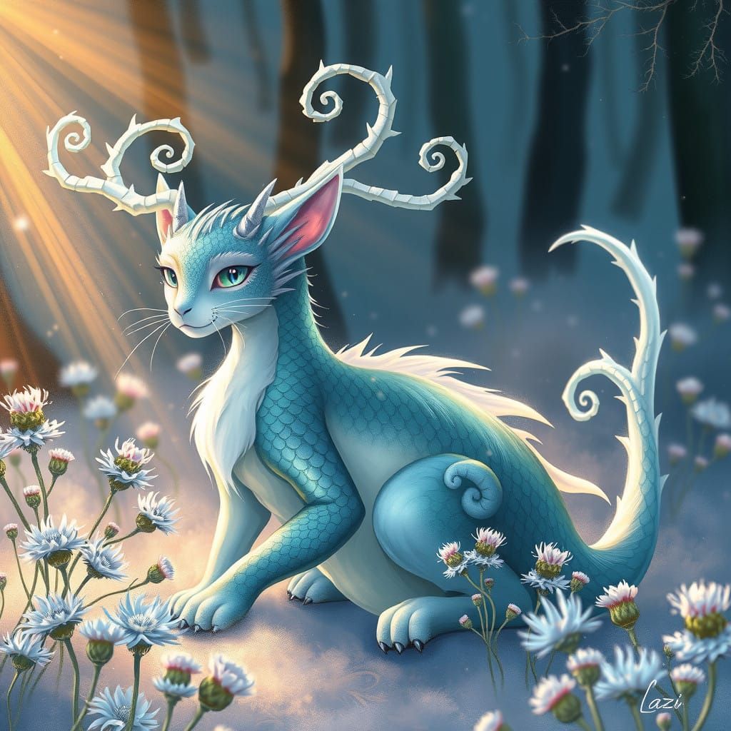 Whimsical Dragon-Cat Sits Regally Amidst Winter Forest