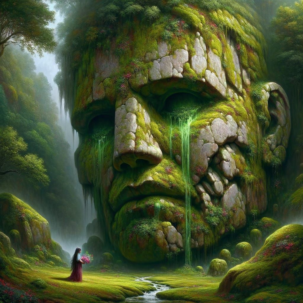 Mossy Robot Face in Fantasy Landscape