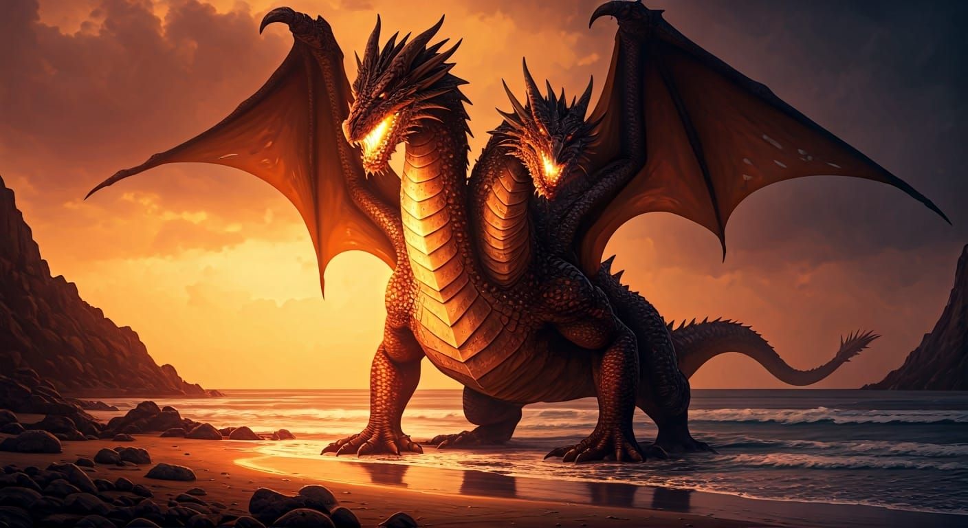 Two-Headed Dragon on Beach in Hyperrealistic Style