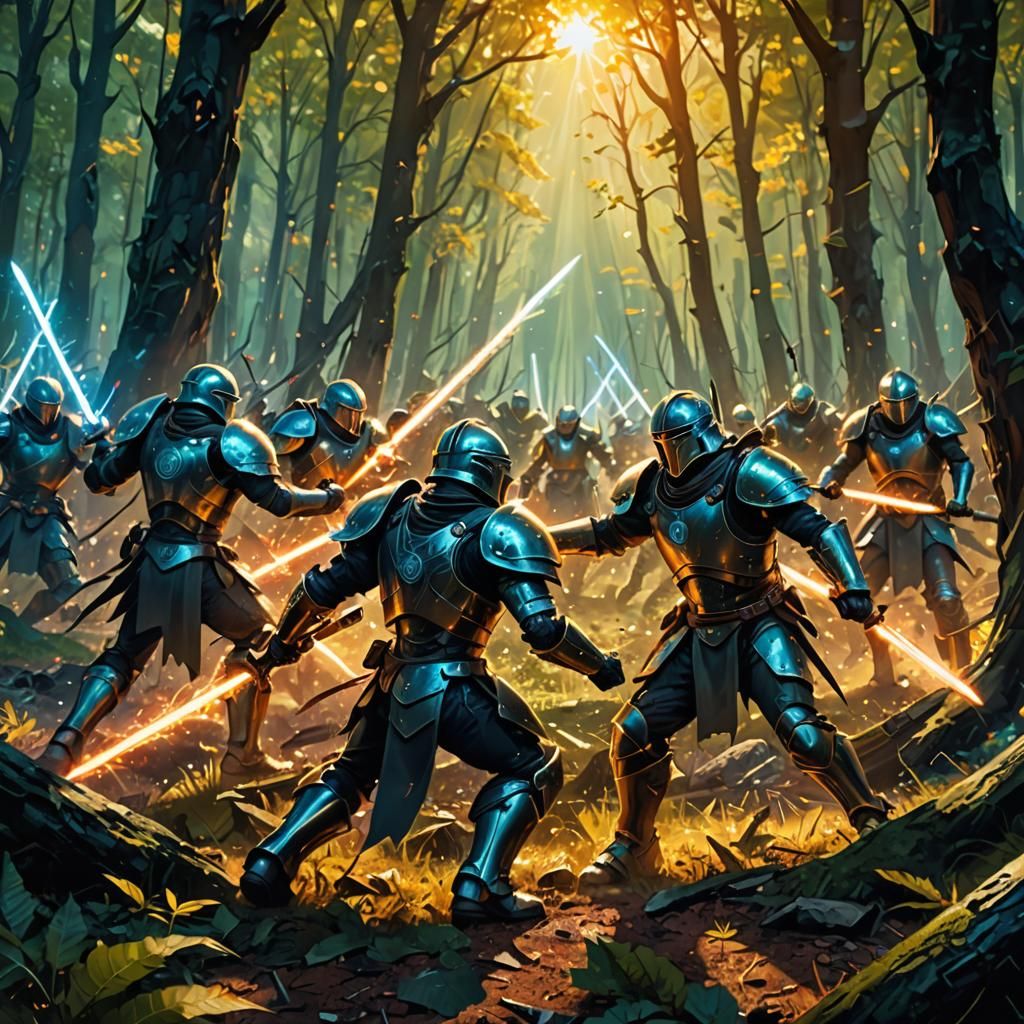 Futuristic Warriors Clash in Forest Clearing: Digital Painti...
