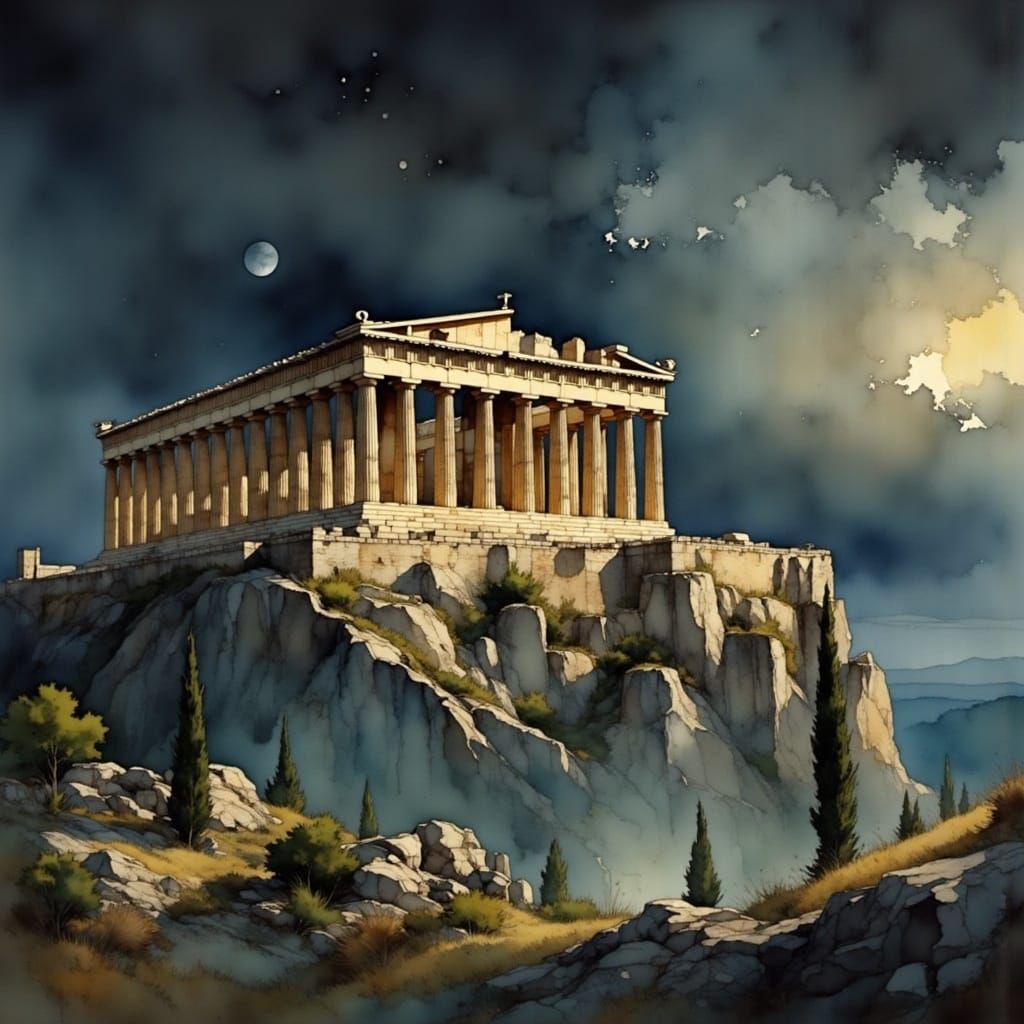 Parthenon in Athens at Night in Watercolor Style