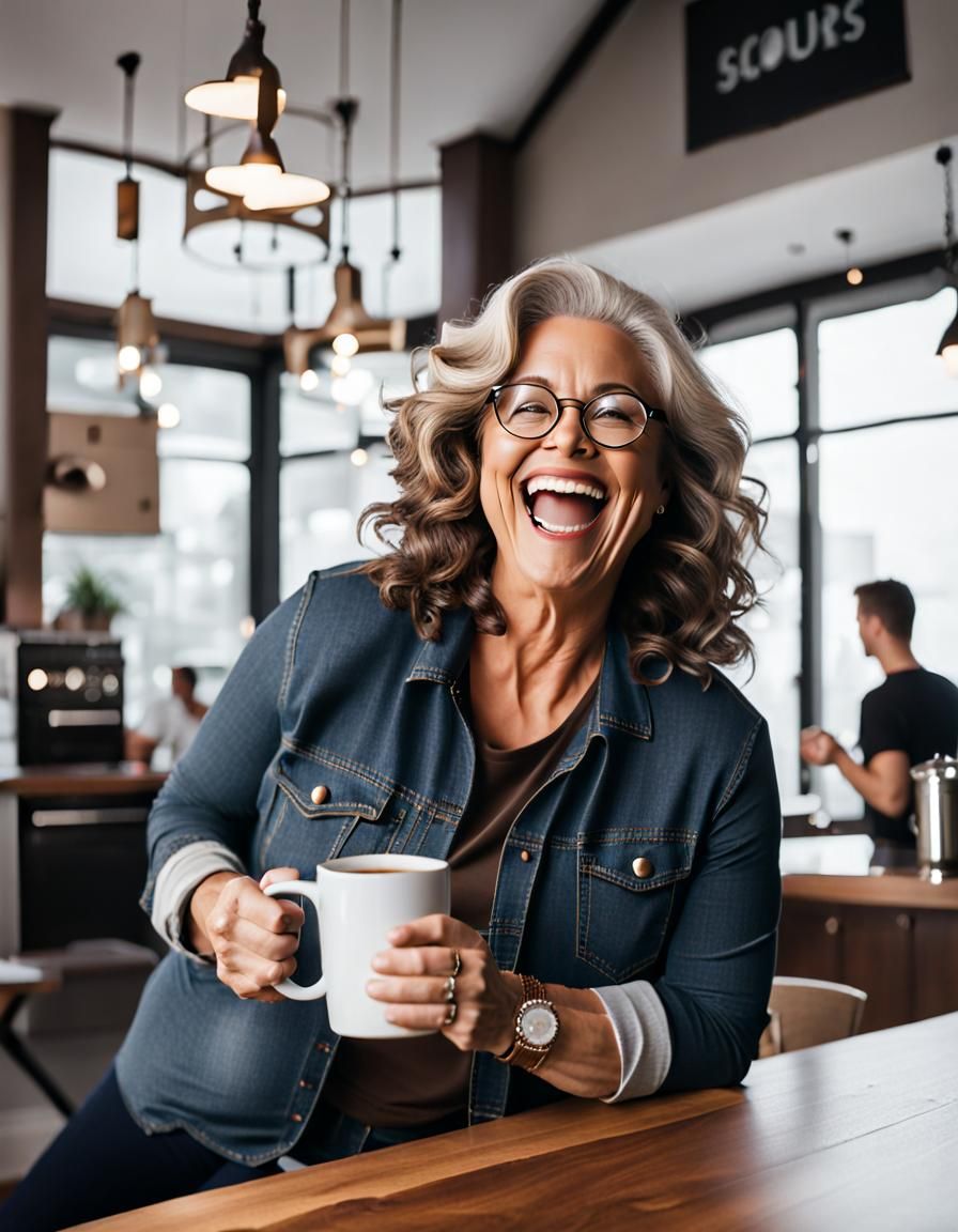 Curvy Woman Laughing with Coffee Mug