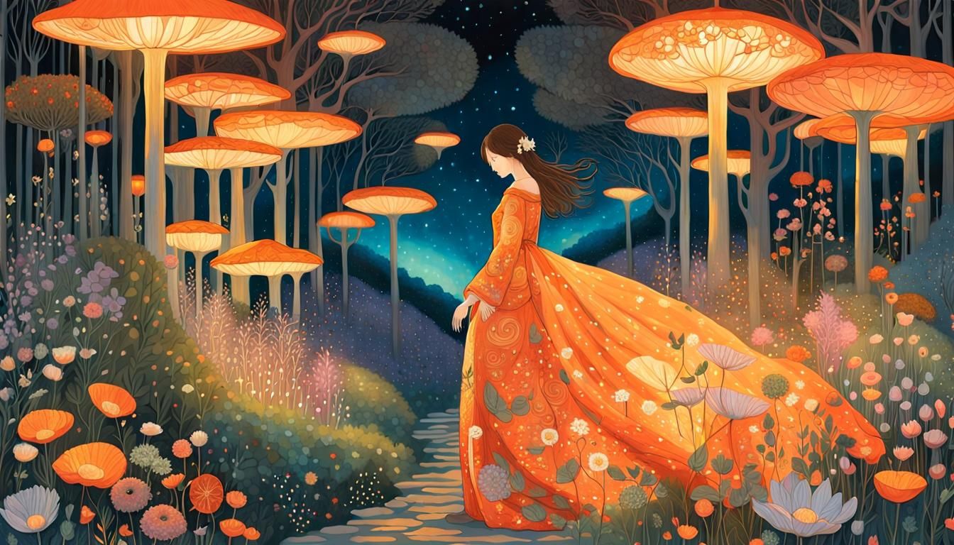 Sunset Woman in Enchanted Forest: a Magical Realism Artwork