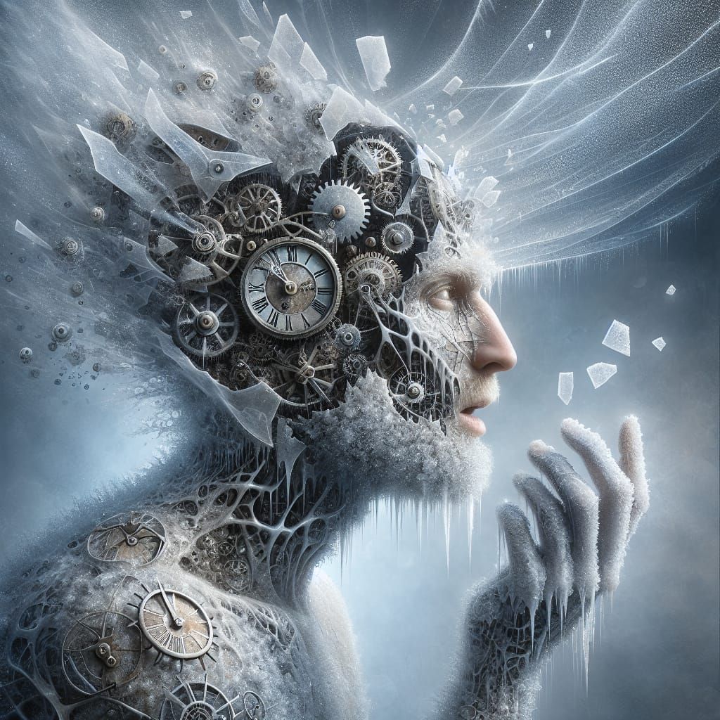 Mechanical Clock God with Fractured Ice and Shattered Glass