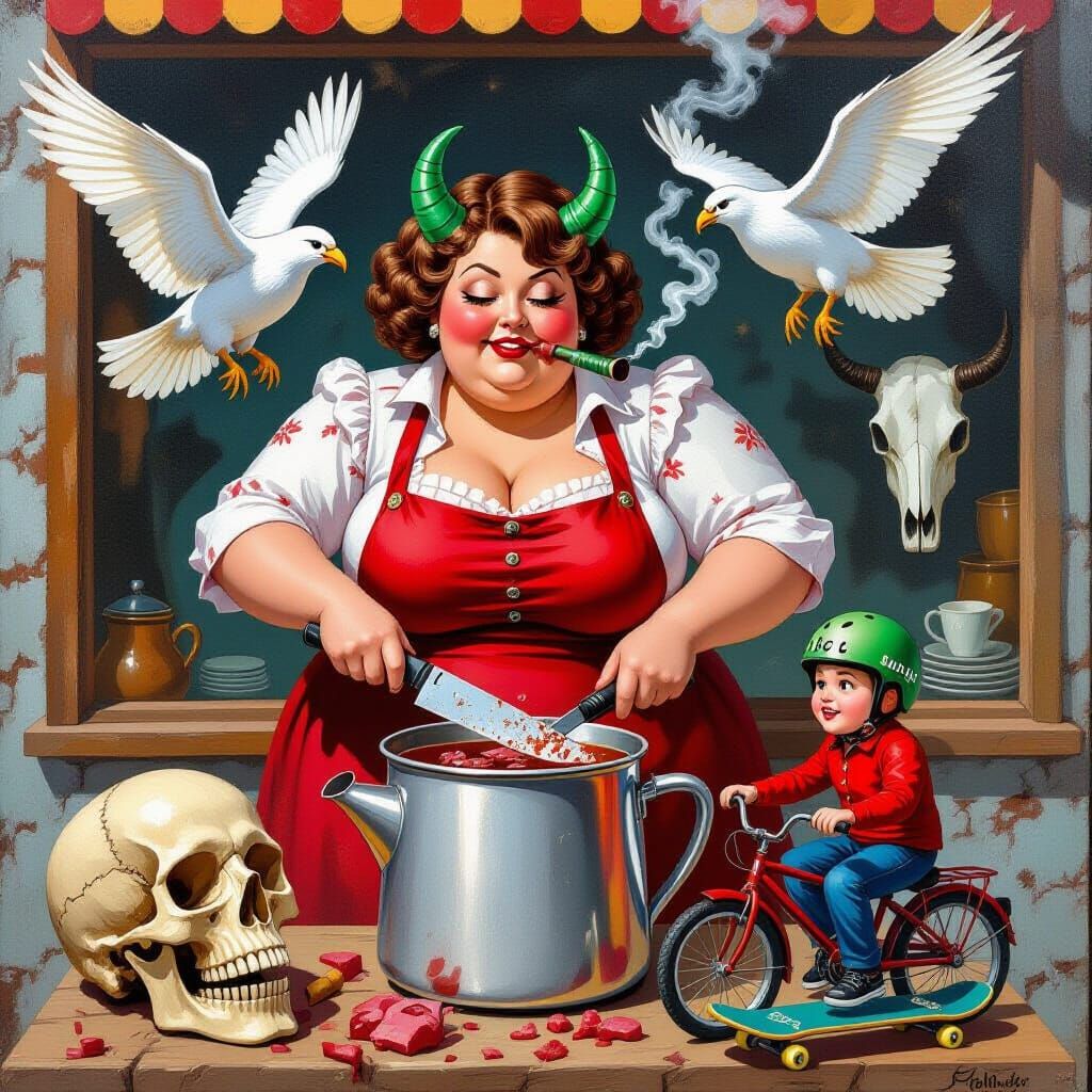 Heavyweight Butcher Woman Jumps with Eagles in Coffeepot