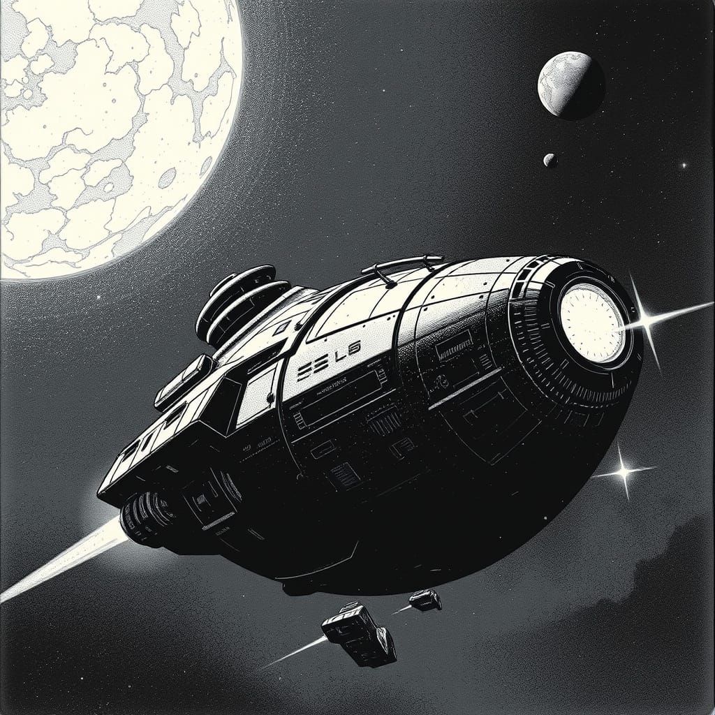 Cosmic Spaceship Ink Drawing in Noir Style