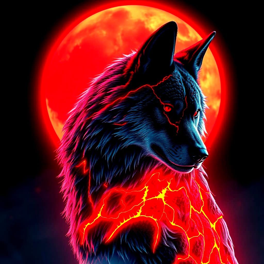 Fiery Lava Wolf with Glowing Cracks