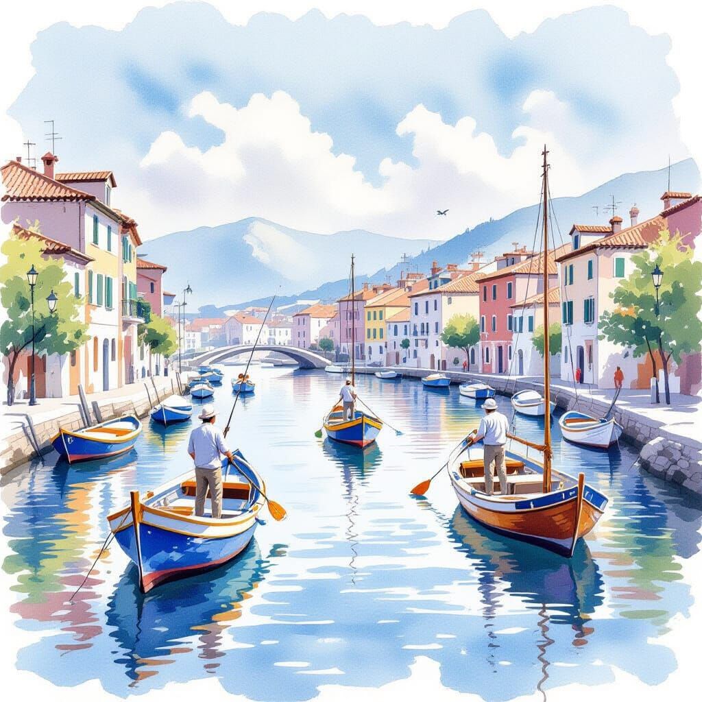 Fishermen with Rods in a Watercolor Wonderland