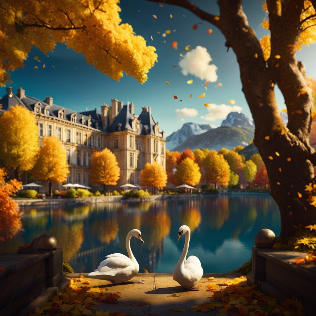 French Autumn: Swans at Lakeside Hotel