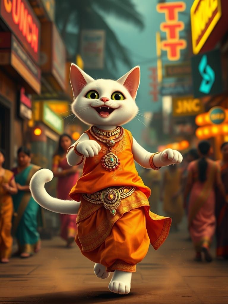 Joyful White Cat Dances in Vibrant Indian Attire