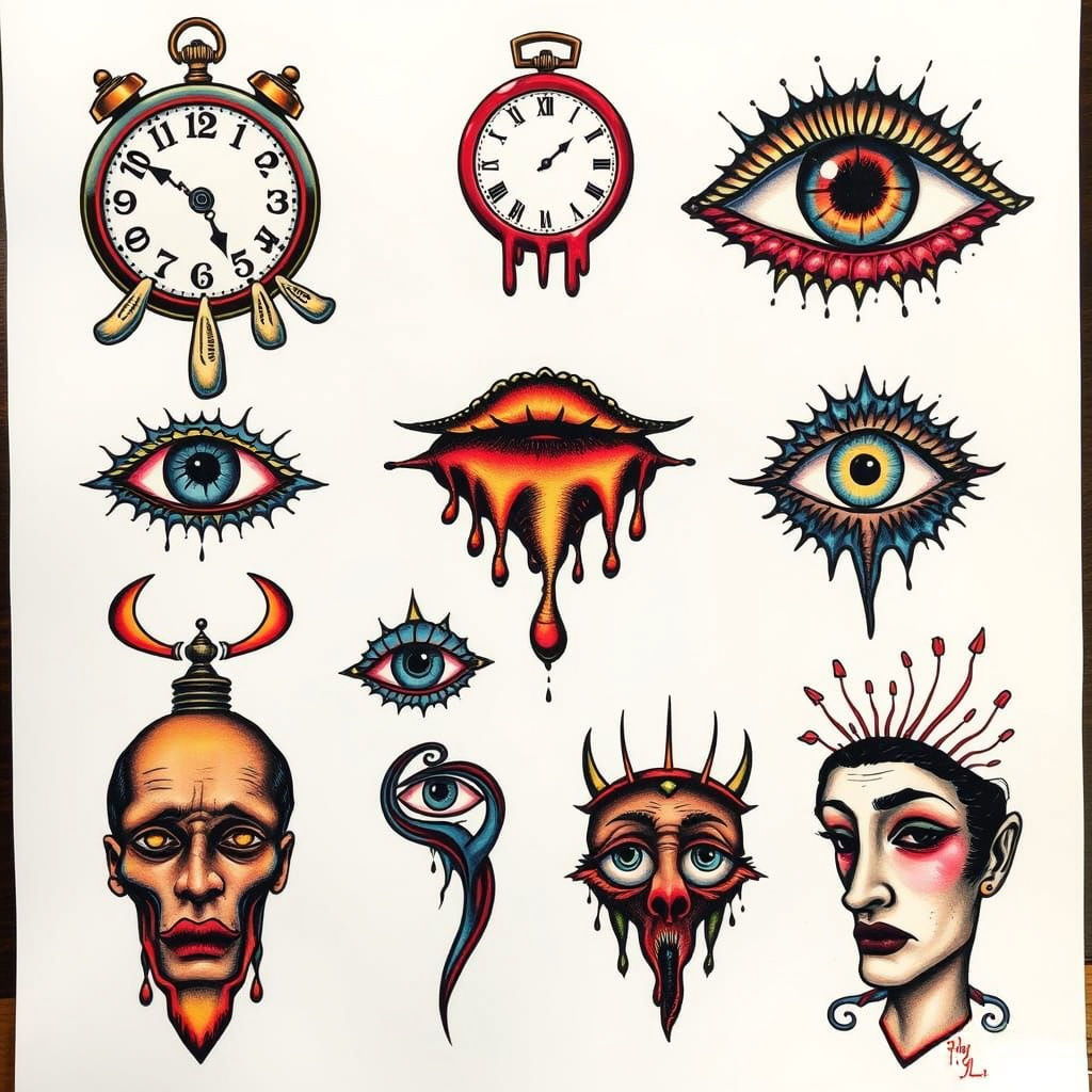 Surrealist Flash Tattoo Sheet with Dreamlike Imagery