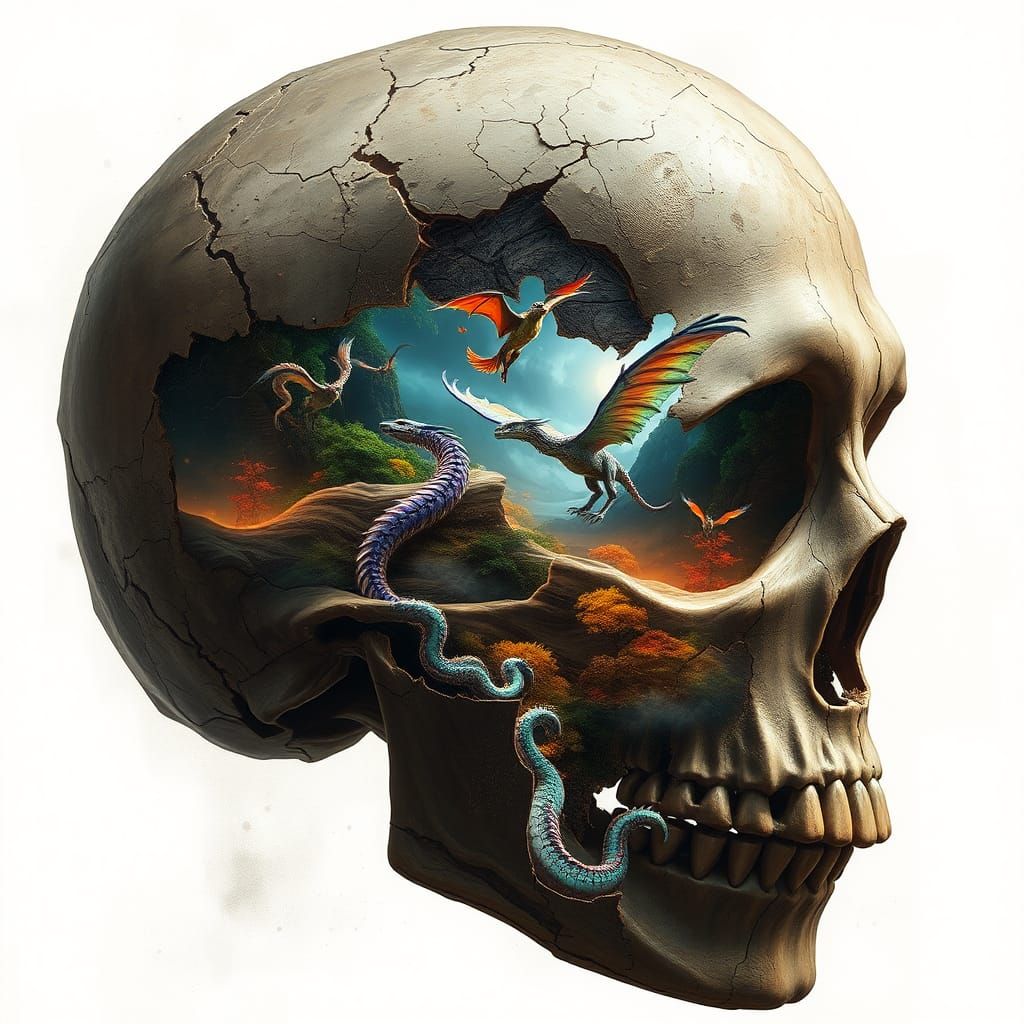 a double exposure of a broken skull, inside the skull is a  wonderous world of dragons