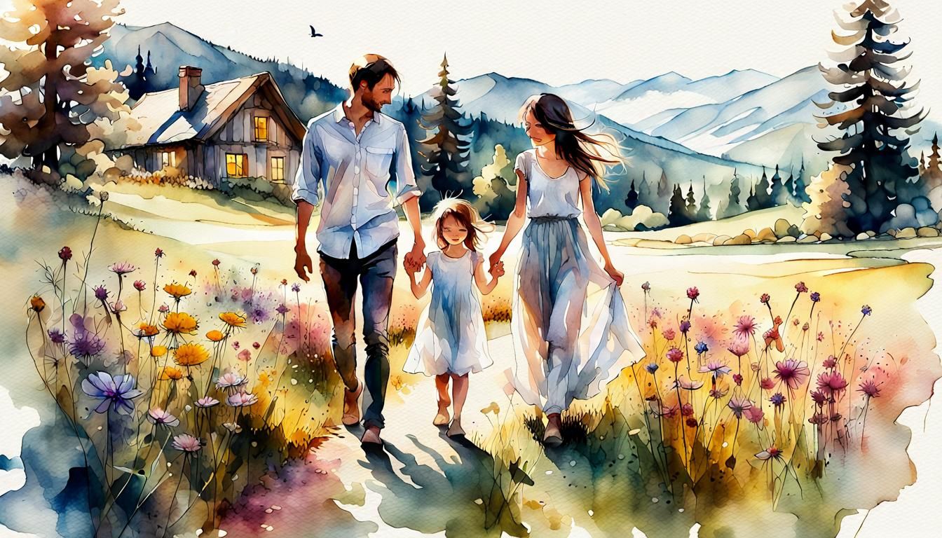 Idyllic Family Stroll: Digital Watercolor Meadow Scene