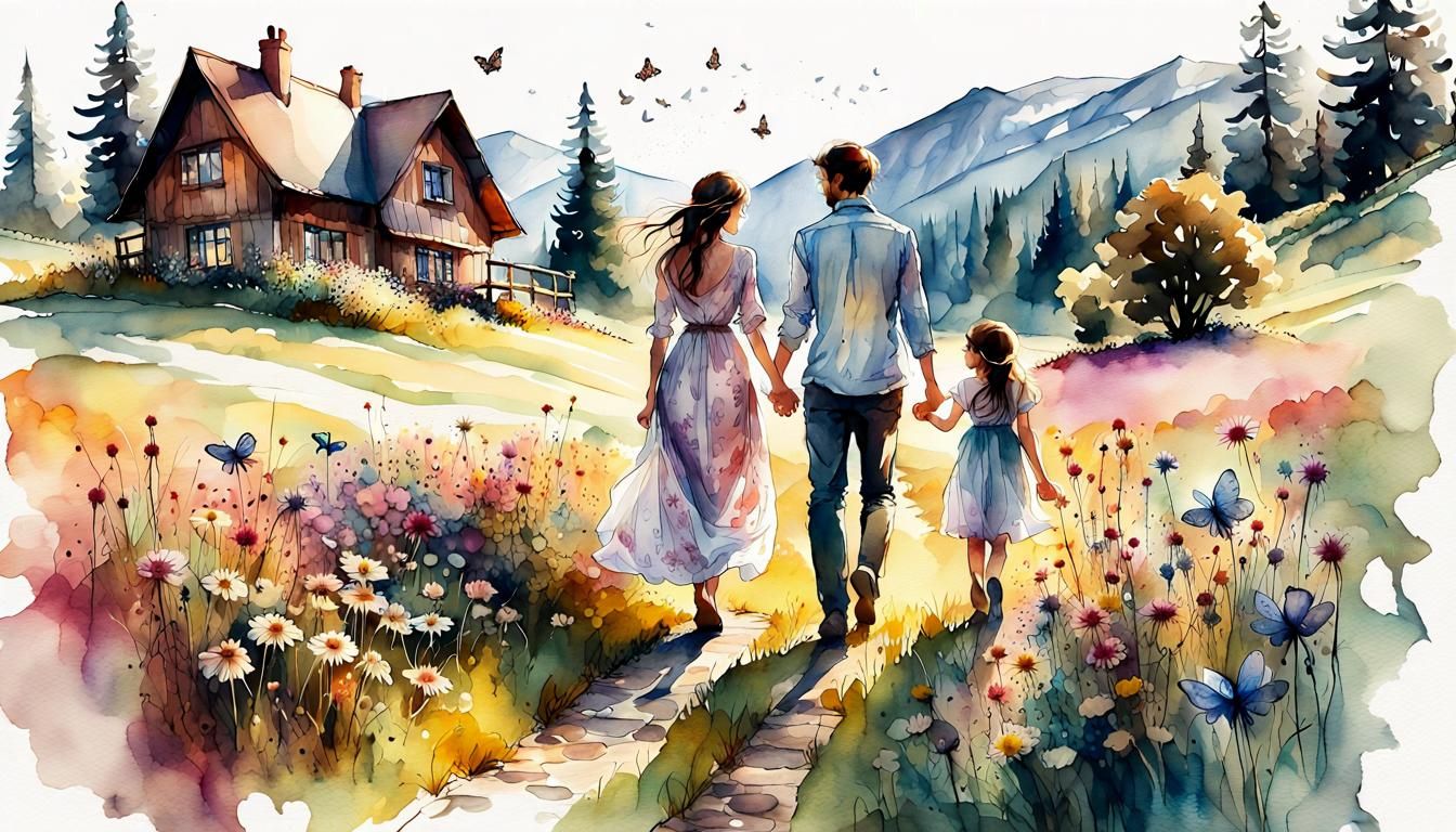 Family Walking in Flower Meadow: Digital Watercolor Art