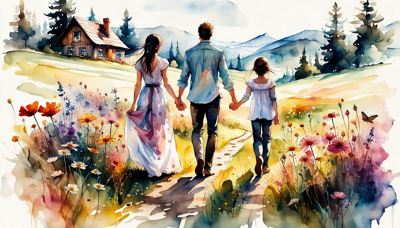 Family in Meadow: Digital Watercolor Illustration