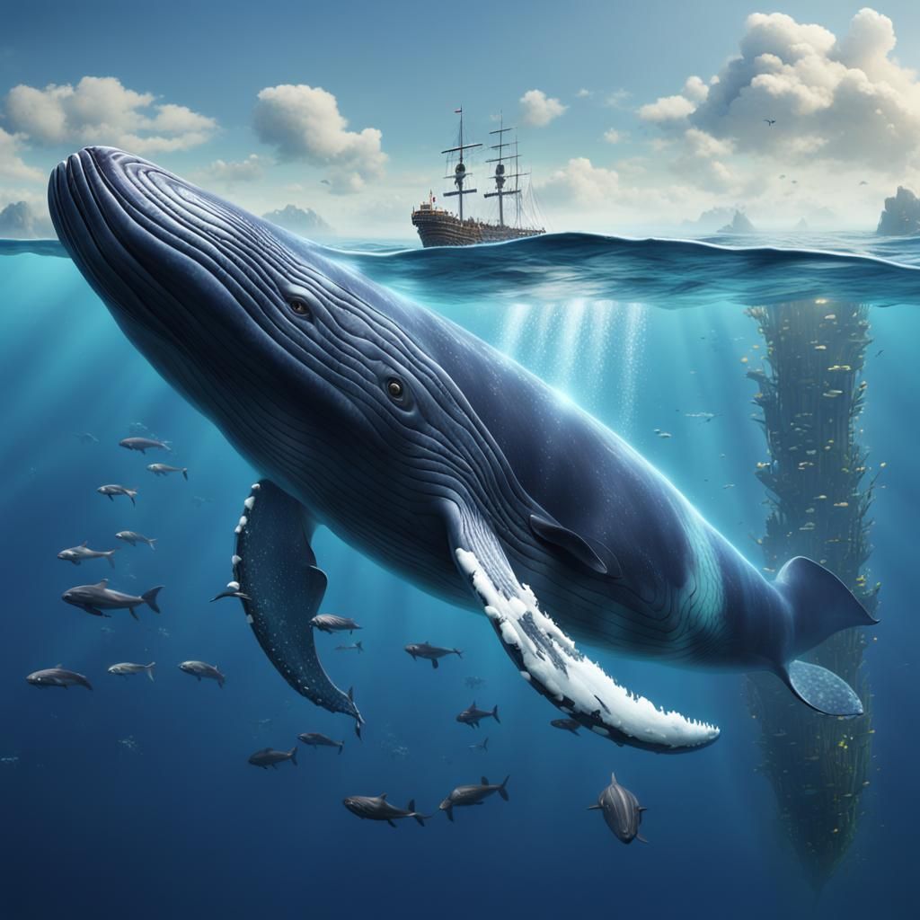 Giant Whale Swims in Calm Blue Ocean