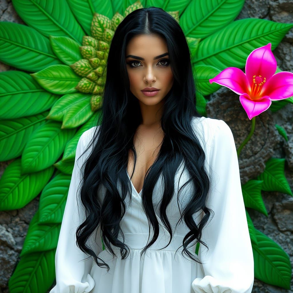 Confident Curvy Woman in Front of Kaleidoscopic Wall