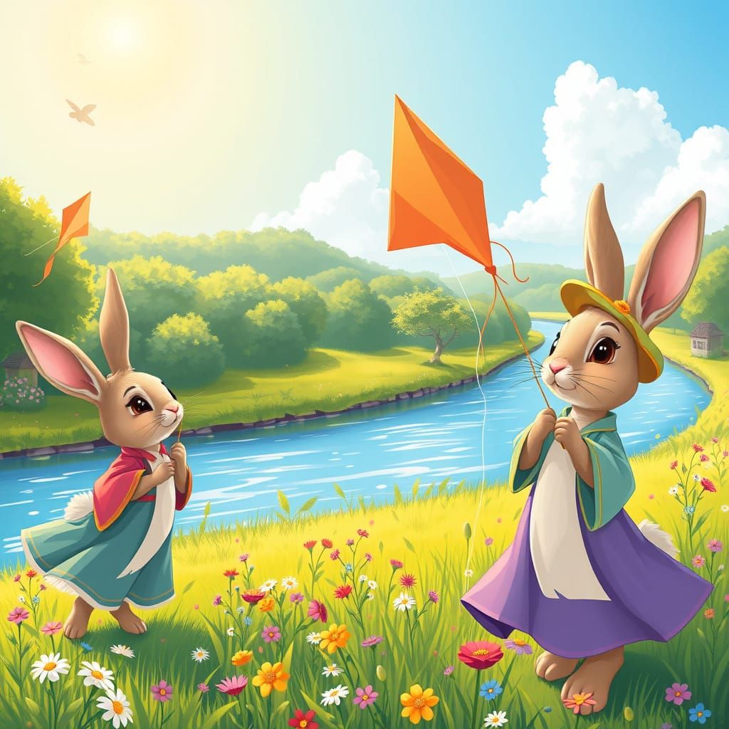 Rabbits Soar by River in Whimsical Cartoon Landscapes