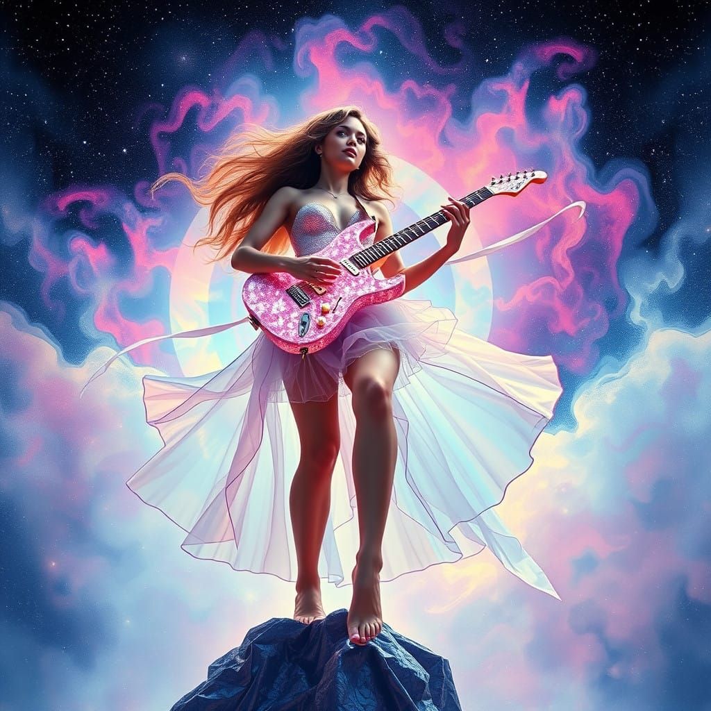 Ethereal Cosmic Musician Ascends from Starry Background