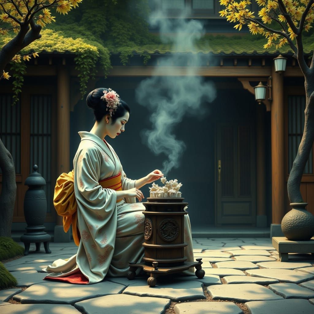 Mourning Geisha in Traditional Japanese Temple