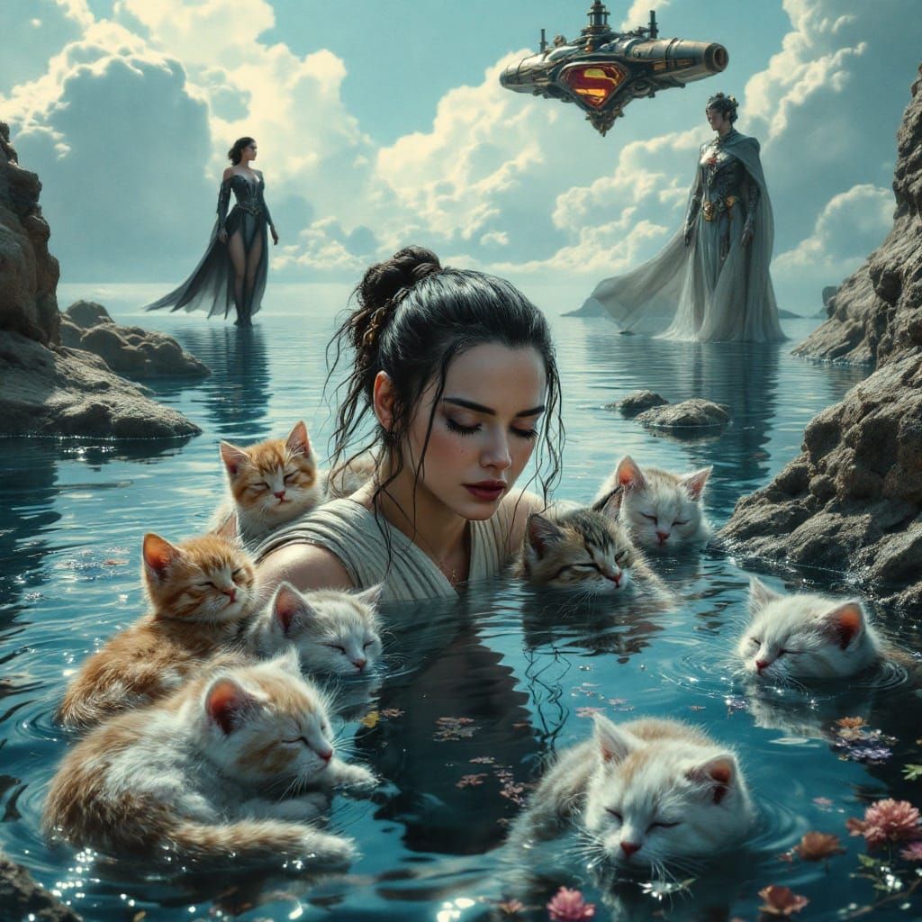Surreal Steampunk Scene with Rey, Kitten-Water Dreams, and E...