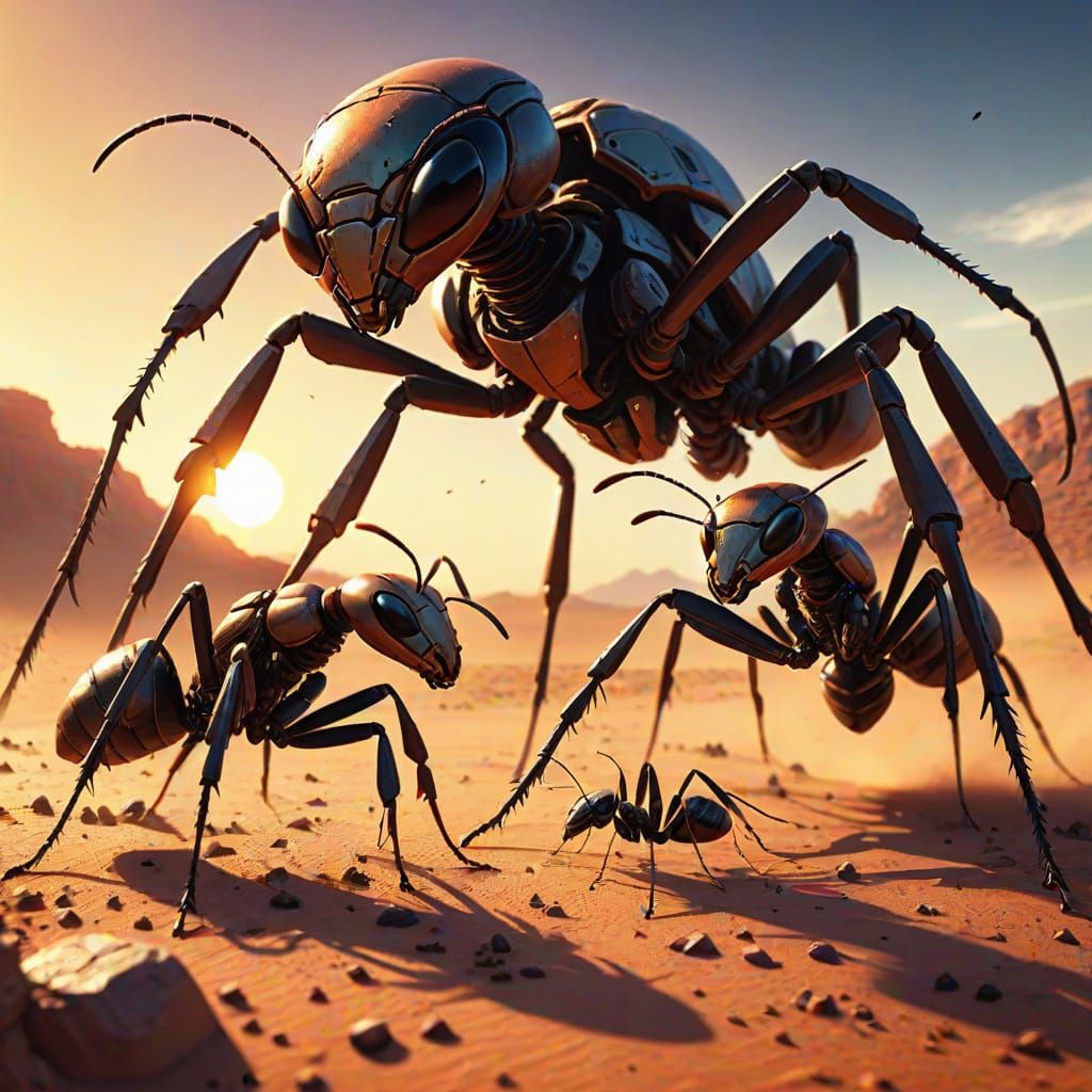 Vibrant Ants Clash in Futuristic Desert Battle