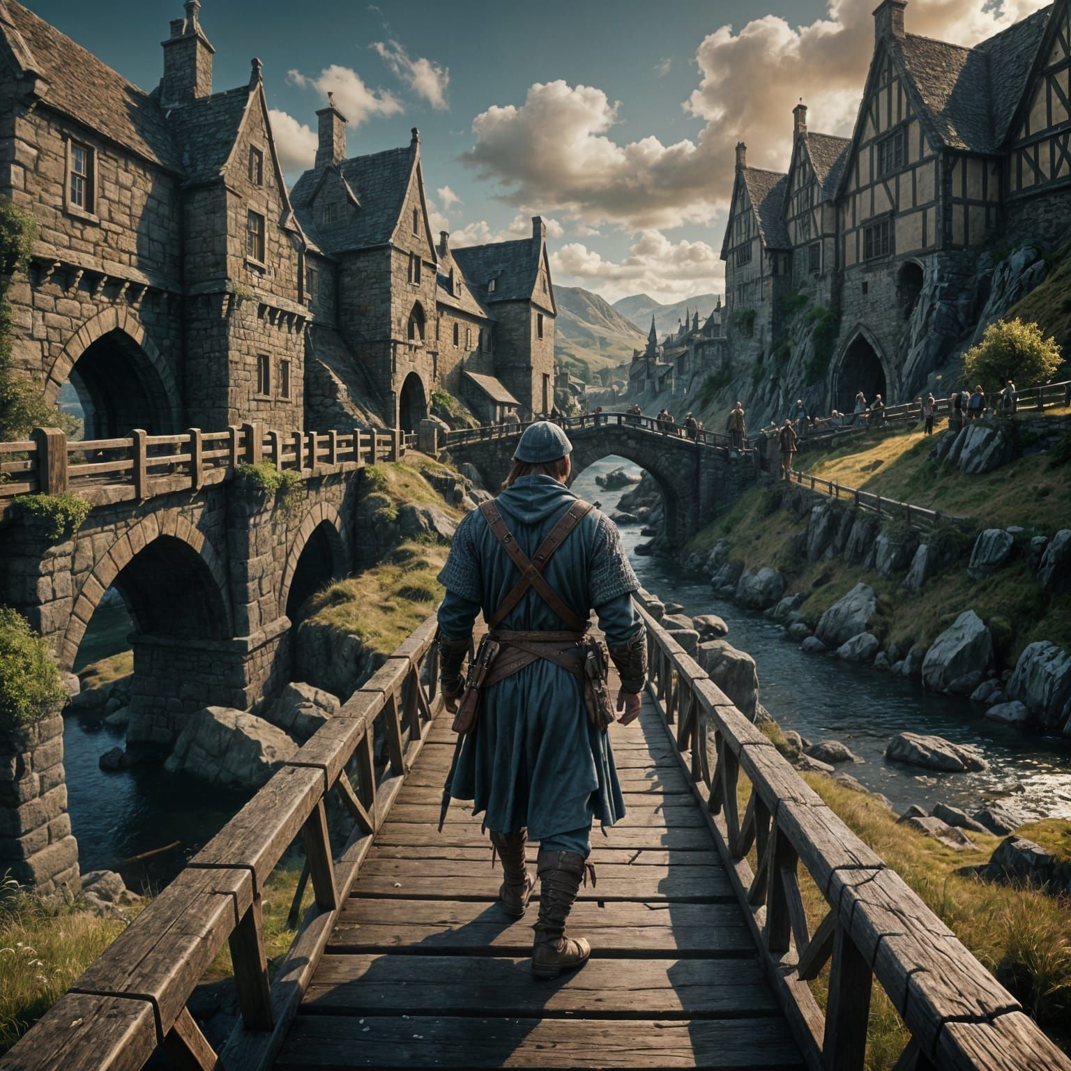 Peasant Crosses Bridge in Medieval Scotland Matte Painting