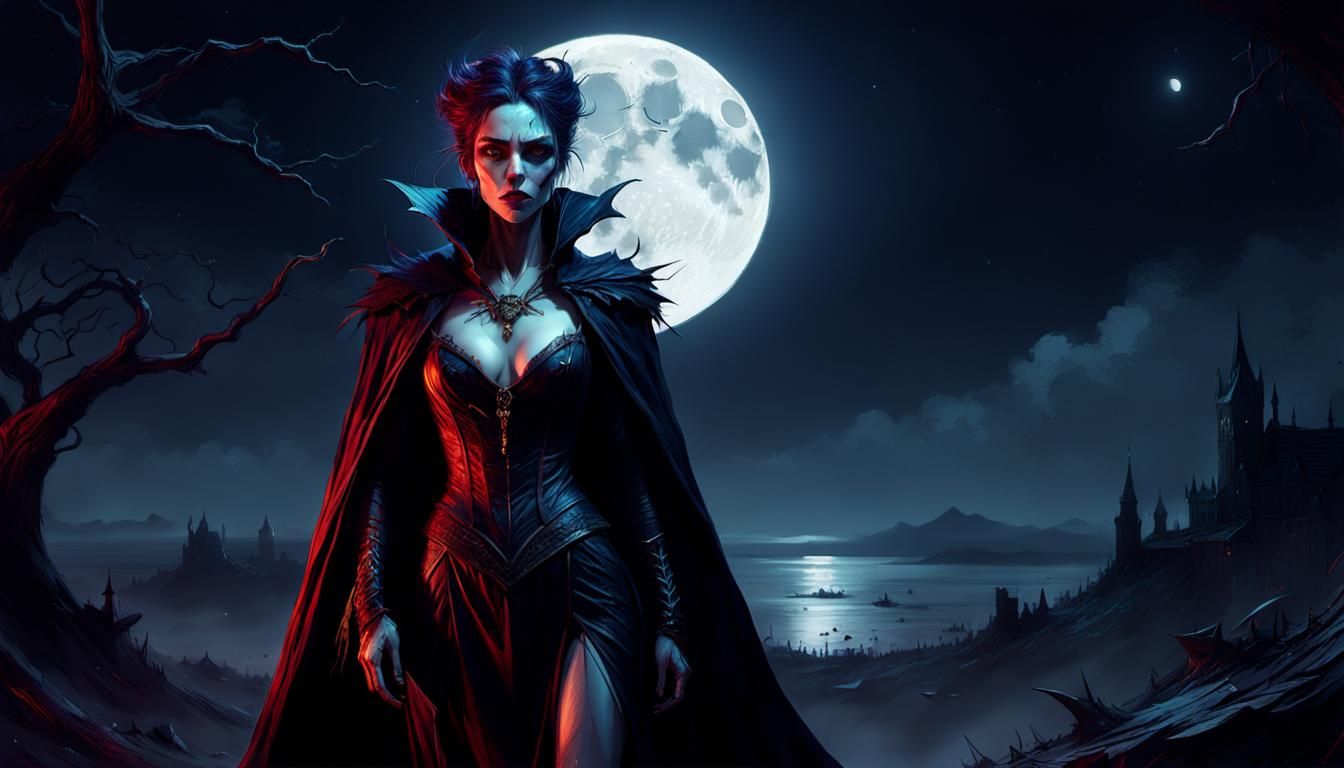 Bare Vampire Woman on Full Moon Night