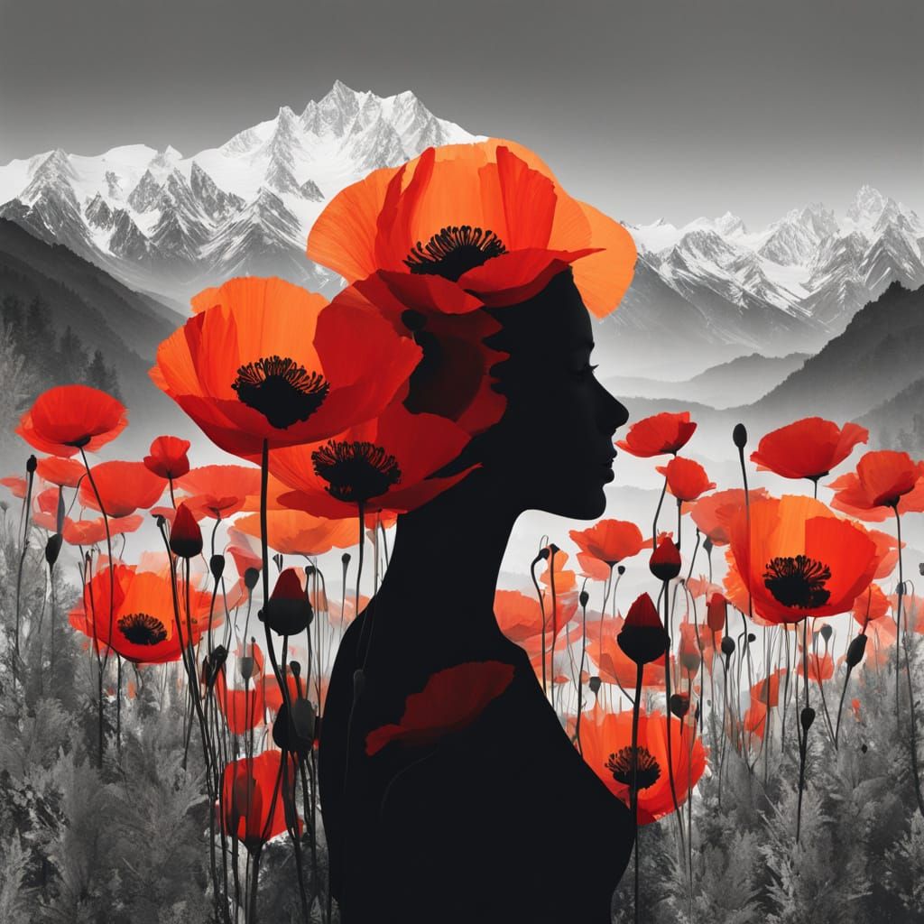 Surreal Silhouette of a Figure Among Poppies and Mountains