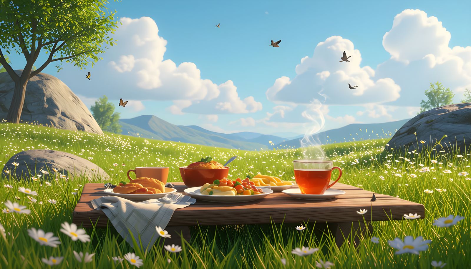 Pixar Style Outdoor Meal Scene with Wildlife and Sun