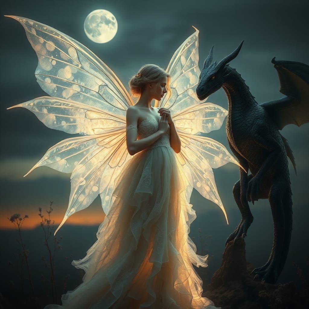 Ethereal Fairy with Dragon in Moonlit Twilight