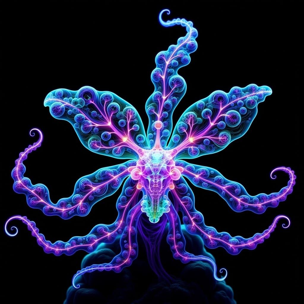 Bioluminescent Alien Orchid in Iridescent Bubbles