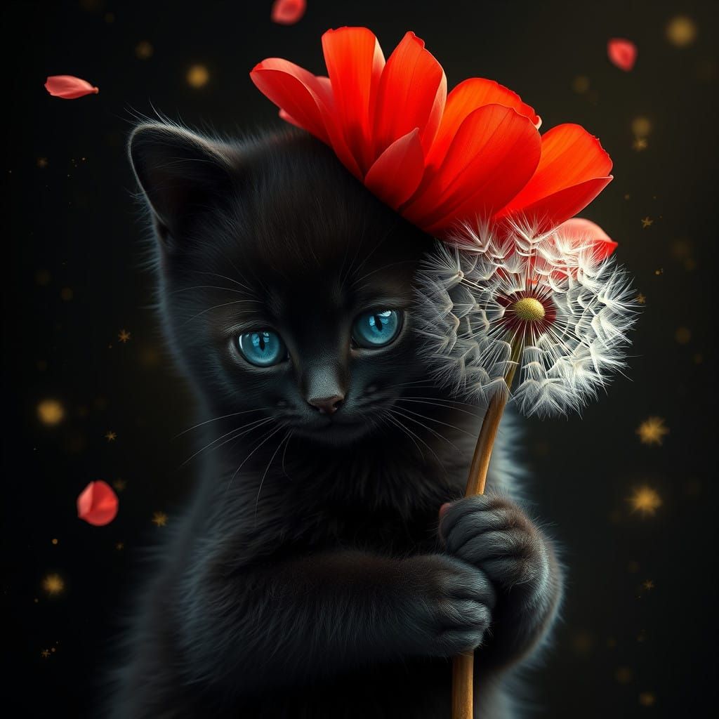 Sleek Black Kitten Cherishes Majestic Dandelion in Whimsical...